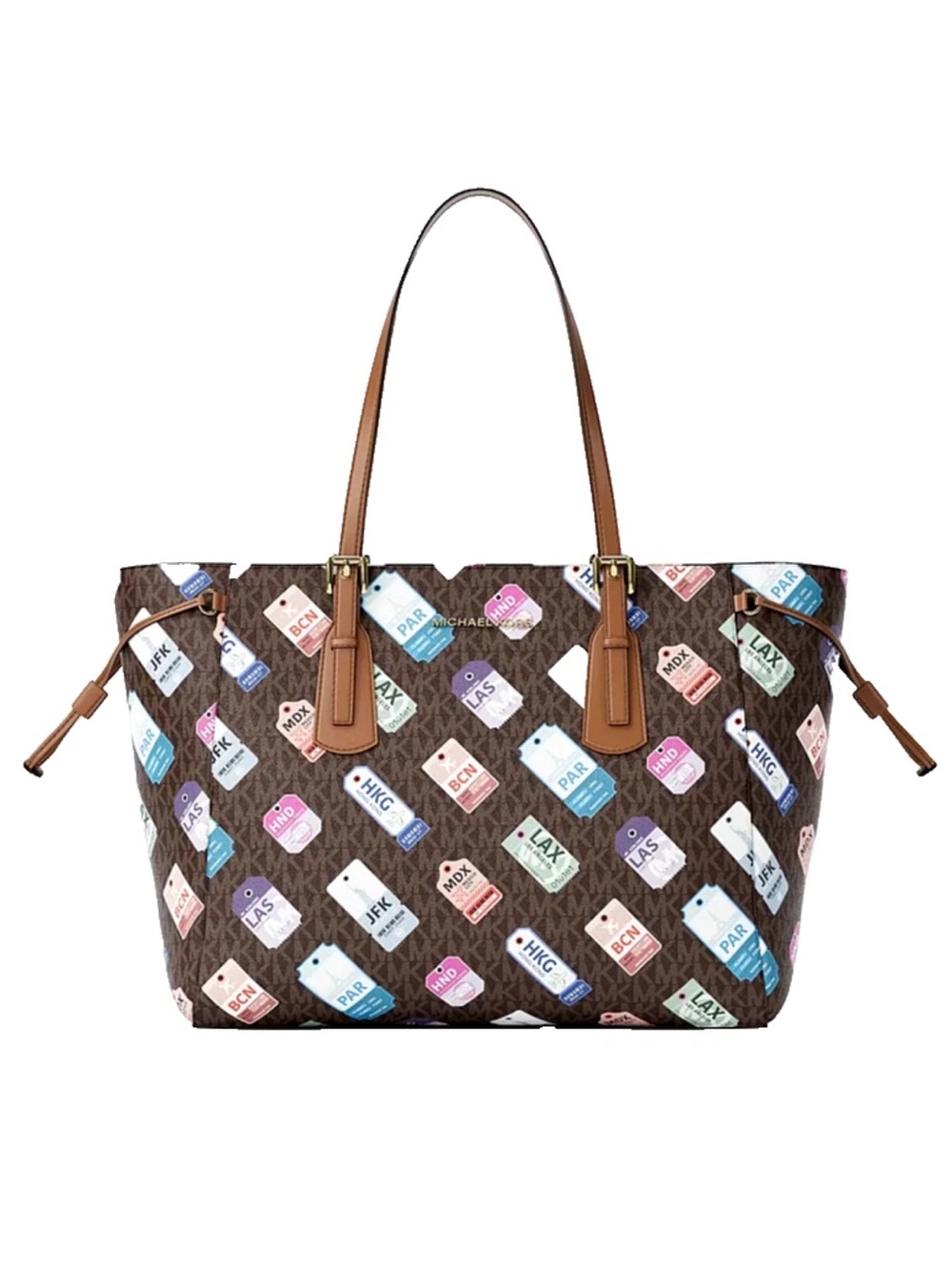 New Michael Kors Voyager Large Printed Signature Logo Tote Bag Brown Multi